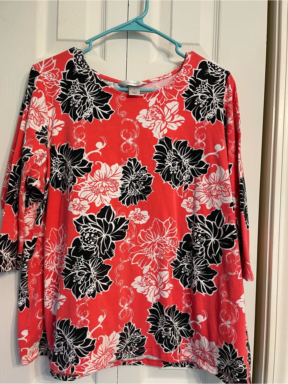 CJ Banks Coral Floral Scoop Neck Long Sleeve Top